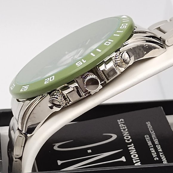 Inc Mens Imitation Chronograph Silver-Tone Link Bracelet Watch 48mm: OS/Green - Picture 2 of 4